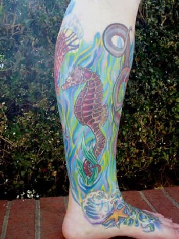 A Colorful Leg Sleeve With a Seahorse