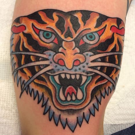 Tiger head by Steve Byrne. Done during a guest spot at Temple Tattoo, Oakland CA, October 28, 2013.