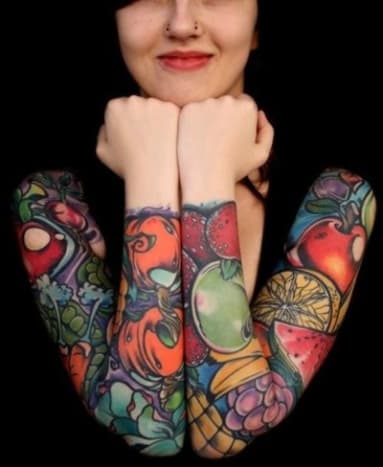 Full-sleeve cornucopia tattoos.