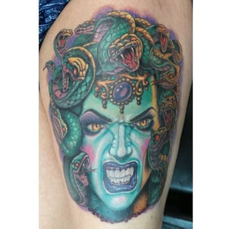 Horror-style Medusa tattoo.