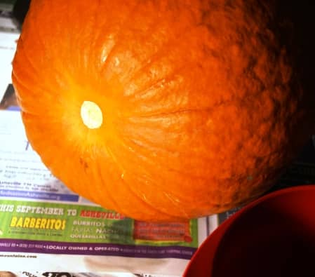 Carve out a hole on the bottom of the pumpkin.  It makes it easier to place electric lights or candles in.