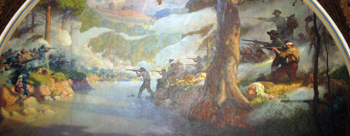 The battle as depicted on a mural in the Missouri State Capitol.