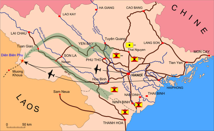 Dien Bien Phu. French aerial re-supply routes for the upcoming battle. 