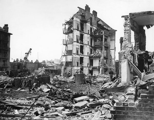 Ruined buildings at Whitechapel, London, after a V-2 to strike the city on March 27, 1945; the rocket killed 134 people. The final V-2 to fall on London killed one person at Orrington later the same day.