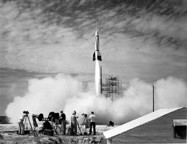 A test launch of capture V-2 rocket after the Second World at White Sands New Mexico. 