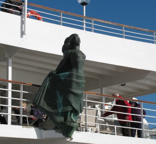 Figurehead of 'Boudicca' over the prow of the ship