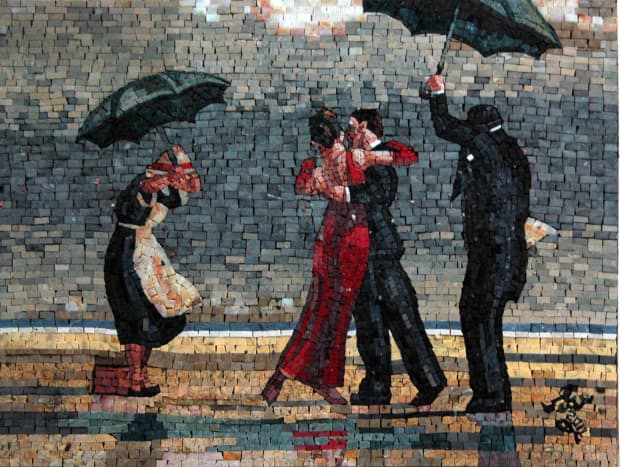 &quot;The Singing Butler&quot; original painting was sold at auction in 2004 for more than &pound;744,000. The marble mosaic is comprised of natural stones and tiles.