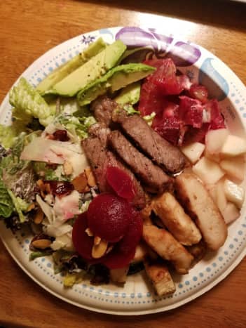 Salad idea #1: chicken, beef, apples, beets, avocado, red oranges, toasted almonds, and cranberries