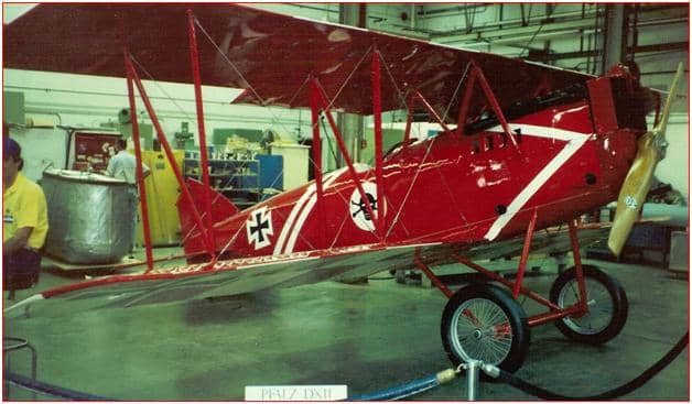 The National Air &amp; Space Museum's Pfalz D.XII at the Paul E. Garber Facility, MD, circa 1990.  The Pfalz is sporting the same color scene it had for the movie &quot;The Dawn Patrol&quot;.