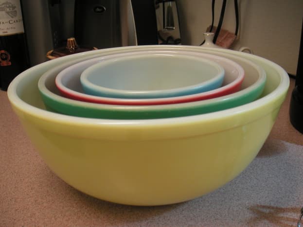 Pyrex mixing bowl sets from the 60s are selling for around $115.00.