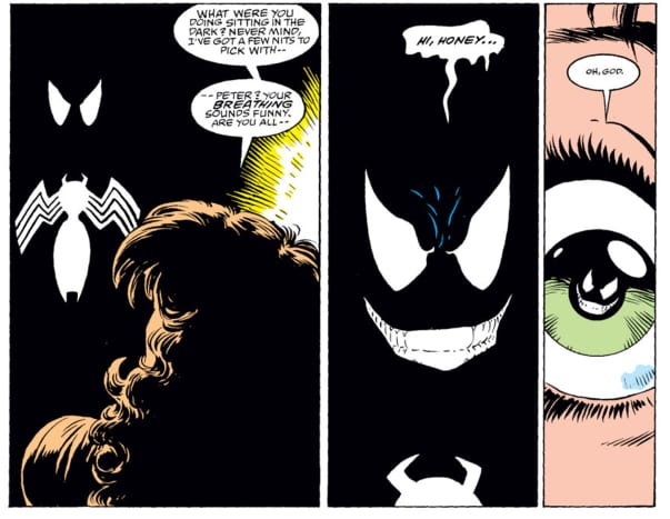 Panels of first appearance of Venom from Amazing Spider-Man #299. Story by David Michelinie Penciler(s) Todd McFarlane Inker(s) Bob McLeod Colorist(s) Bob Sharen Letterer(s) Rick Parker