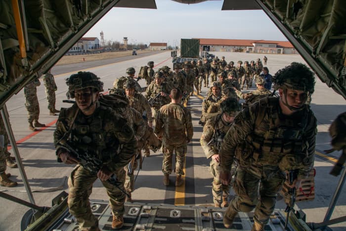 On February 23, 2022, US paratroopers from the 2nd Battalion, 503rd Infantry Regiment depart Italy's Aviano Air Base for Latvia. Thousands of US troops have been deployed to Eastern Europe in response to Russia's military buildup.