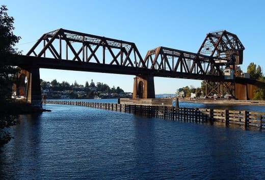 Salmon Bay railway drawbridge over the Lake Washington Ship Canal, near the Hiram M. Chittenden Locks in Seattle, WA