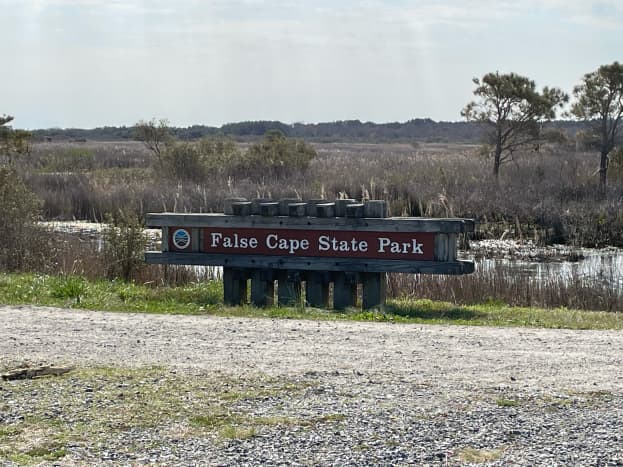 The entry point to False Cape is marked by  this sign. There is one at the end point of the east dike and west dike trails from Back Bay National Wildlife Refuge. 