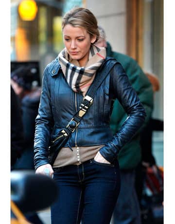 Blake Lively looks sleek in a motorcycle jacket layered with a Burberry scarf.