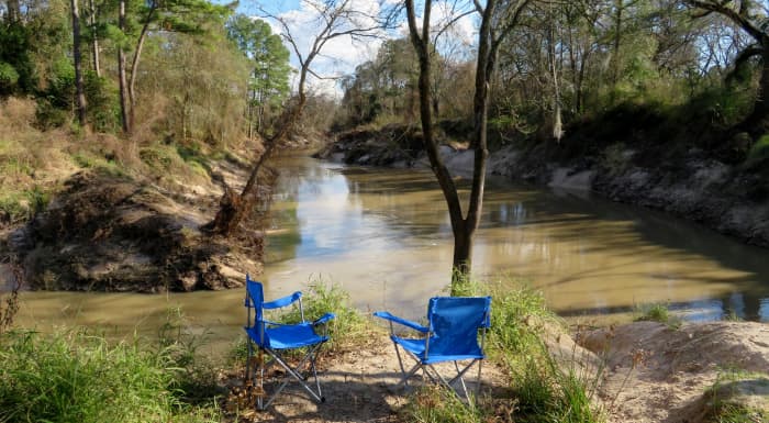 Blue chairs in the park by Cypress Creek In Maxwell Park
