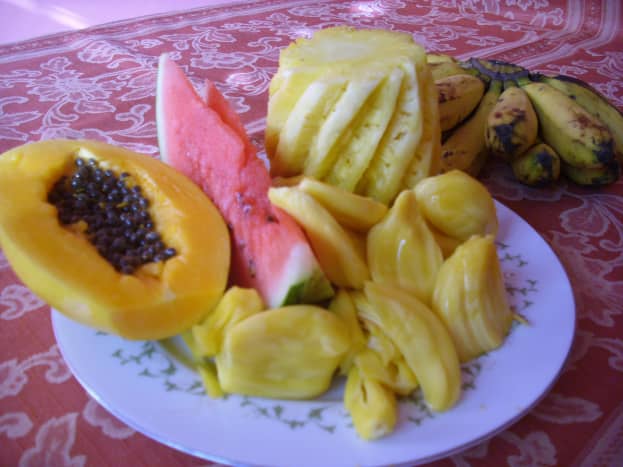 Fresh fruits: Papaya, watermelon, pineapple, bananas and jackfruits