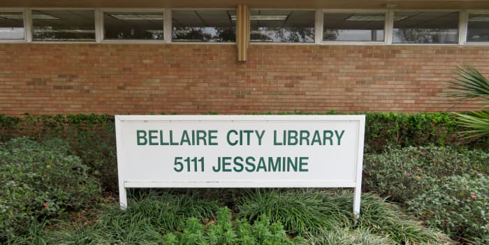 The exterior of Bellaire City Library at 5111 Jessamine Street, Bellaire, Texas 77401
