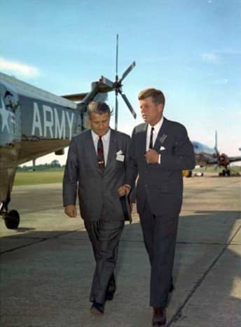 Von Braun with President Kennedy at Redstone Arsenal in 1963; President Kennedy was the prime mover of the American lunar program in 1961, and Braun was appointed its technical director.