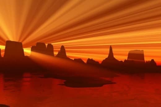 Made in Terragen Classic, this is a digital landscape. The terrain was a gift. It uses the laser effect in the sky.