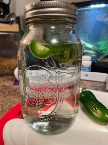 Prepping this was simple. 1.5 jalape&ntilde;os in the plain rum and 1.5 in the pine apple rum. Refrigerate for 5-7 days and then remove the jalape&ntilde;os. 