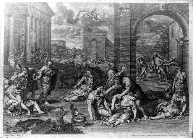 The plague of the Philistines at Ashdod. Engraving by Petit after P. Mignard.