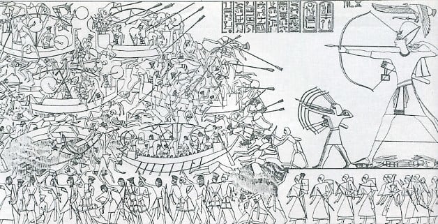 An image from the north wall of the Medinet Habu, depicting the Egyptians fighting the Sea Peoples at the Battle of the Delta.