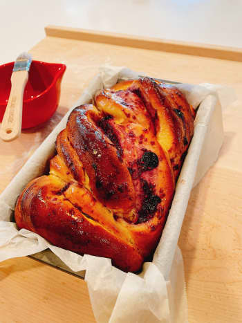The raspberry and blueberry babka is baked! 