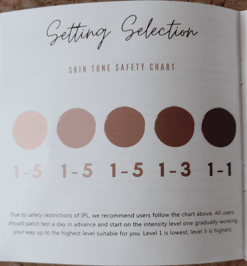 The device comes with this handy skin tone safety chart to help you determine the right setting.