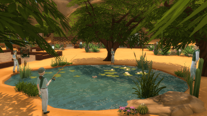 My Sim kids in their boy scouts meeting, fishing at the lake.
