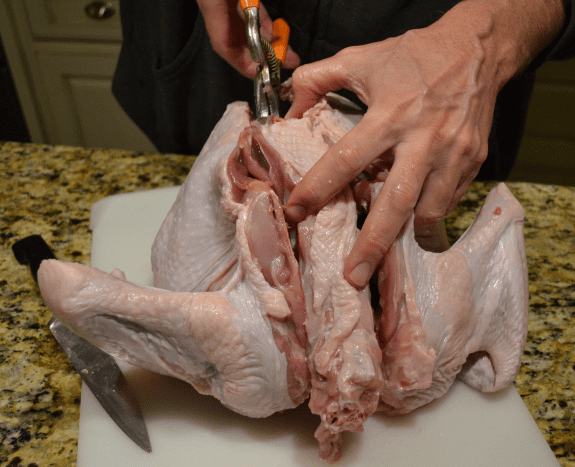 Place turkey on cutting board breast-side down; cut out and remove the backbone.