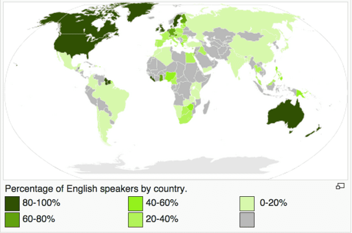 This map shows the percentage of English speakers in different countries.