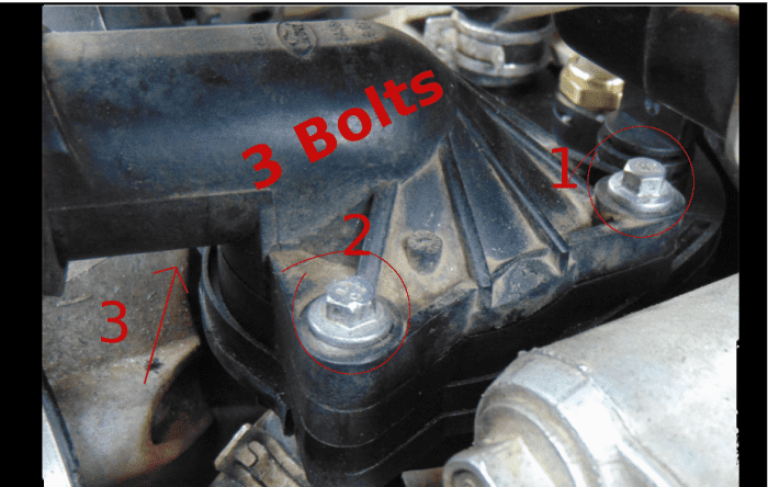 Remove bolts from thermostat retainer.