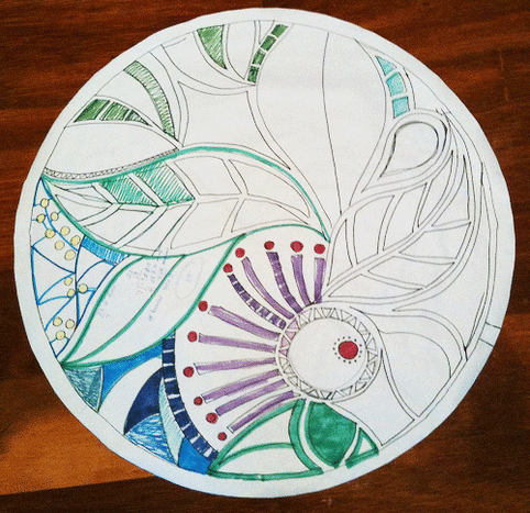 Template design of the tabletop mosaic, a full size drawing. The artist used the original plate glass tabletop as her mosaic substrate. It was placed on top of her template to give her a pattern for her glass on glass mosaic.