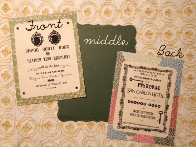 Add ribbon and glue each side to the green middle, creating one invitation.