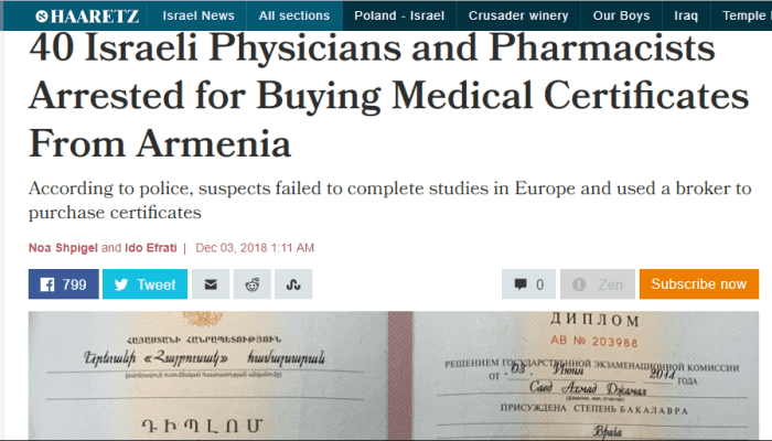 Haaretz: Israel arrested dozens of physicians and pharmacists on Sunday on suspicion of purchasing fake licenses from Armenia after failing to complete their studies in other European countries. 