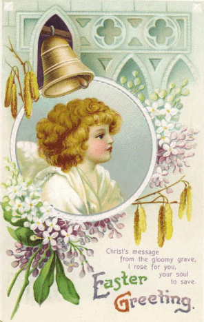 Vintage Easter angel card with purple flowers and church bell