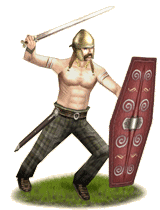 A typical Gallic warrior and archetype barbarian with his bare chest, fierce moustache and patterned trousers.