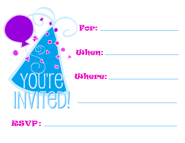 Invitation with blue birthday hat and balloon on white background