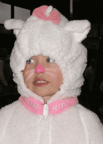Very simple face paint for a small child. Pink nose and lips, white whiskers.