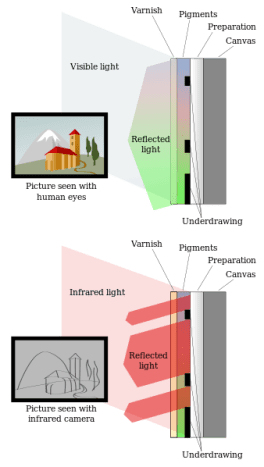 This picture shows how the infrared light is used to uncover the underdrawings lying beneath the color pigments of a painting. The human eye cannot see through the pigments. As the infrared light goes through, it can reveal what lies beneath