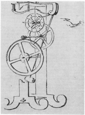 Drawing of pendulum clock designed by Galileo Galilei around 1641, drawn by Vincenzo Viviani in 1659. Part of the front supporting plate is removed by the artist to show the wheelwork. Probably the first design for a pendulum clock although it didn't