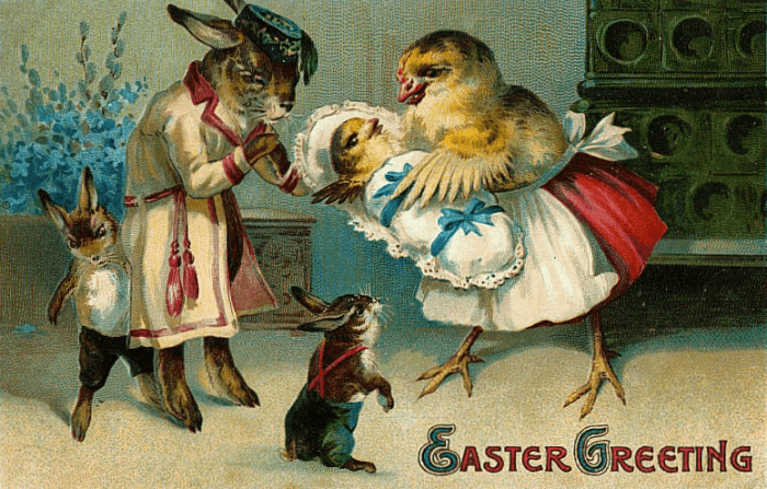 Vintage Easter greeting cards: Rabbit and chicken family with baby chick