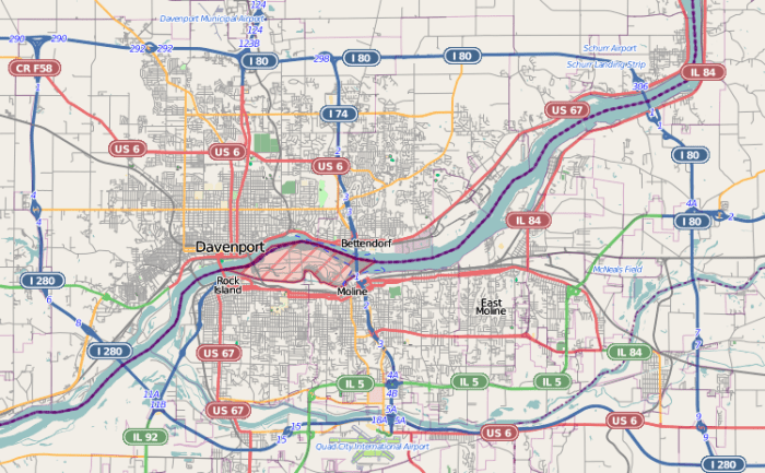 Map of the Quad City metro area in the U.S. states of Illinois and Iowa. The Mississippi River flows through the middle.