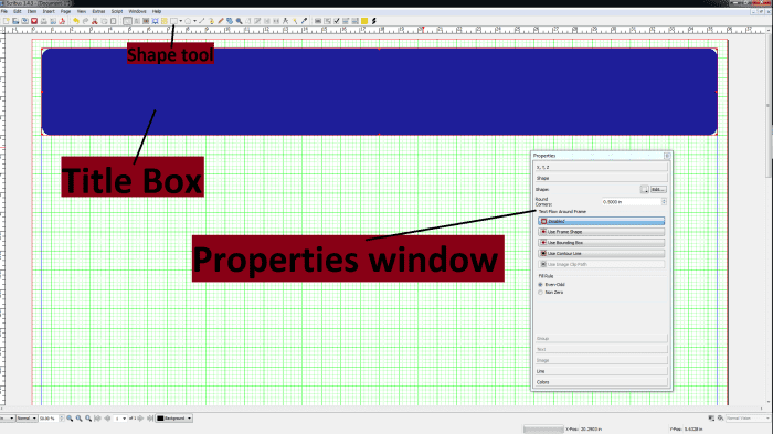 Pointing out the properties window, the title box, and the shape tool.