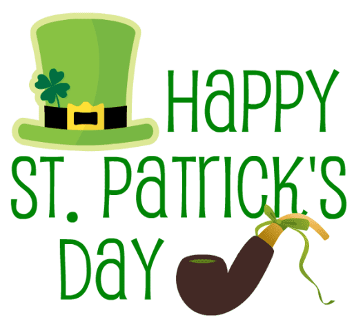 Happy St. Patrick's Day clip art with green top hat and leprechaun's pipe