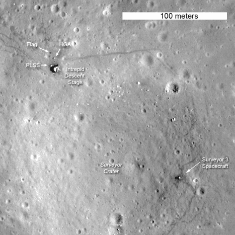 November 2011: Apollo 12 Landing Site, closest pass. The Surveyor 3 was an earlier, unmanned spacecraft which the astronauts visited. See link for info on labeled instruments.