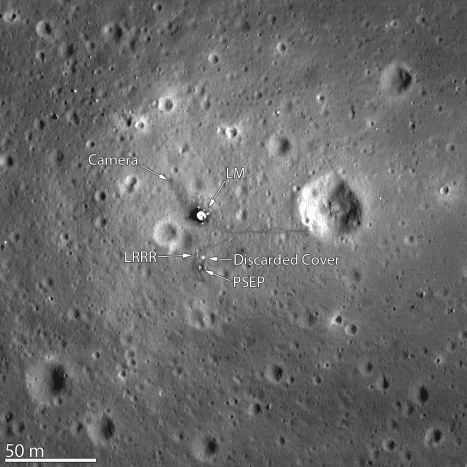 November 2011. Taken from a height of 15 miles, this is the LRO's best photo of the Apollo 11 landing site. (LM = lunar module's legs and platform, left behind on blastoff. See link for more info on labels). Astronaut footprints faintly visible.