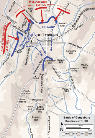 The first day battle map of Gettysburg. Confederate forces overwhelm the Union right flank forcing them to retreat south of Gettysburg with very heavy casualties. Over 4,000 Union troops were captured by Lee's soldiers. 