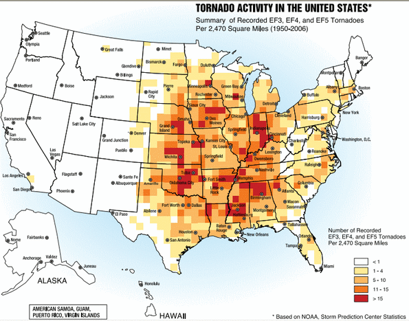 An area of intense tornado activity in the United States; 75% of the earth's tornados occur in the United States. The darker-colored areas denote the area commonly referred to as Tornado Alley.